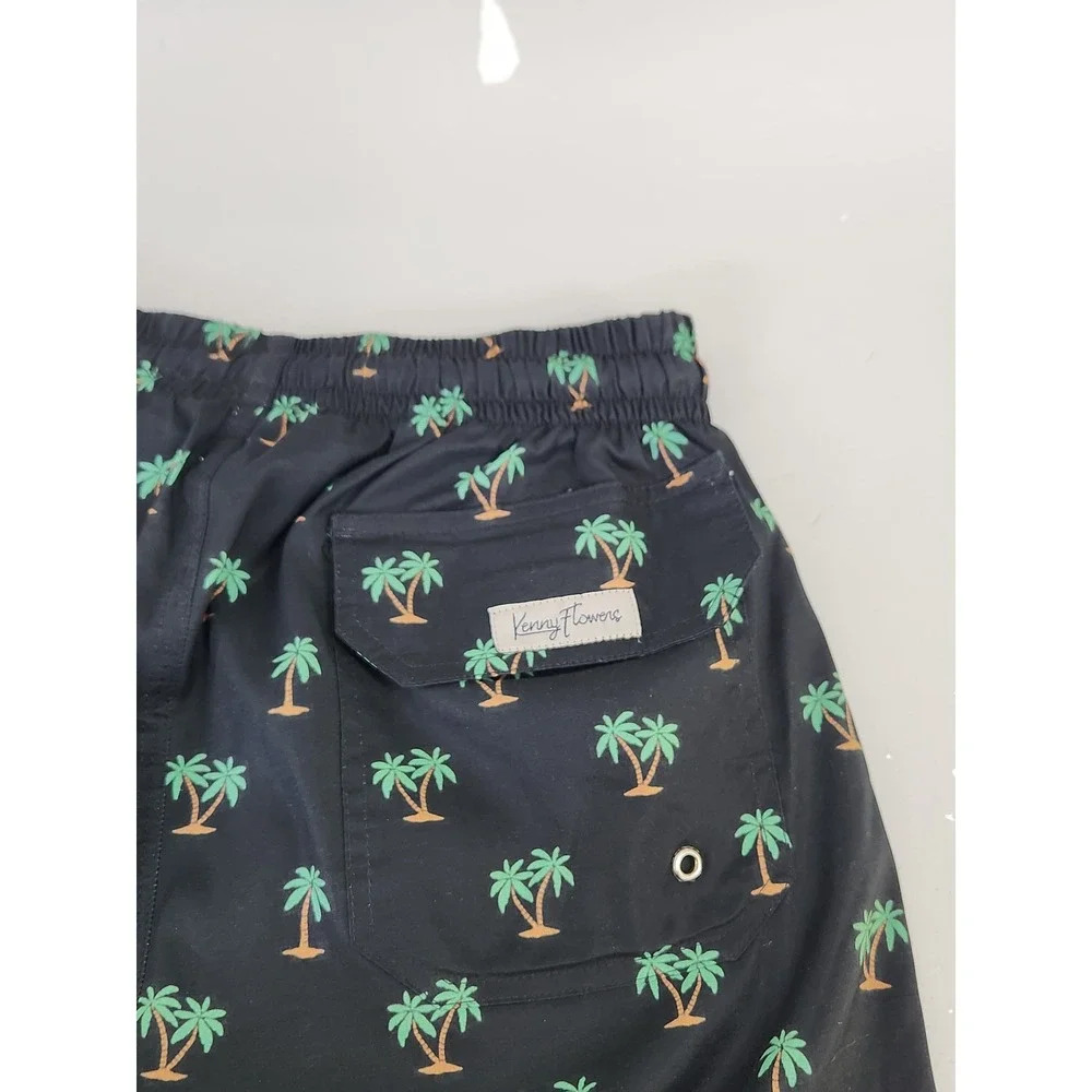 Kenny Flowers Swim Trunks Mens Medium Black Leopard Palm Tree Print Back Pocket